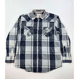 Coastal Mens XL Western Snap Button Shirt Blue White Plaid Long Sleeve Slub